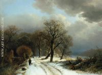 Walking His Dog on a Path in a Winter Landscape