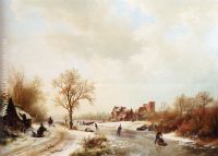 A Winter Landscape With Skaters On A Frozen Waterway And Peasants By A Farm In The Foreground