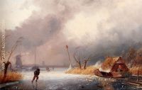 A Winter Landscape With Skaters On A Frozen Waterway