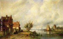 A River Landscape in Summer with Peasants Conversing by Old Houses along a Road Moored Ship