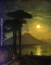 The Bay of Naples at moonlit night Vesuvius