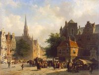 Market day in a Dutch town with numerous figures conversing in a square with stalls and a laden cart and