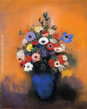 Minosas Anemonies and Leaves in a Blue Vase