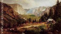 A view of Yosemite Valley with a shack in the foreground