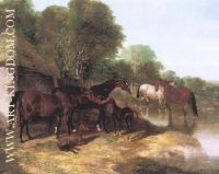Beeswig Queen Of Trumps And Alice Hawthorn With Foals And A Grey Stallion In A River Landscape
