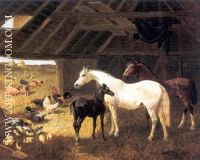Horses and Poultry in a Barn