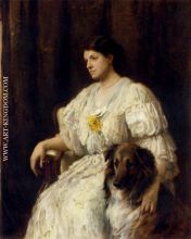 Portrait of a lady with her collie seated three quarter length