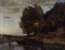 Fisherman Boating along a Wooded Landscape