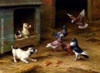Puppies And Pigeons Playing By A Kennel