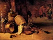 An Interior Scene With Pots Barrels Baskets Onions And Cabbages