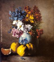 A Still Life With A Vase Of Flowers And Fruit