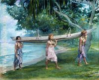 Girls Carrying A Canoe Vaiala In Samoa