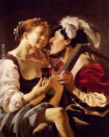 A Luteplayer Carousing With A Young Woman Holding A Roemer
