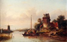 A River Landscape In Summer With A Moored Haybarge By A Fortified Farmhouse