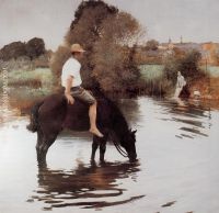 Jeune paysan faisant boire son cheval