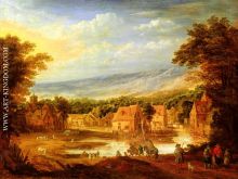 An extensive river landscape with travellers approaching a v
