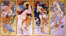 Cropped print of four panels each depicting one of the four seasons personified by a woman
