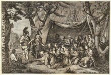 Alexander and Hephaistion visit the family of Darius in their tent after the battle of Issus. Engraved in 1852 from a painting dated 1661