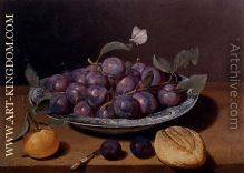 Still Life Of A Plate Of Plums And A Loaf Of Bread