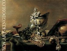 Still life with nautilus cup and musk apple on golden chain