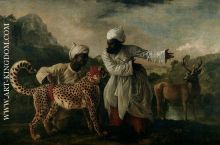Gepard mit zwei indischen Dienern und einem Hirsch