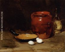 Still Life with a Pen, Jug, Bottle and Eggs on a Table
