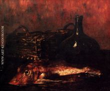A Still Life With A Fish A Bottle And A Wicker Basket