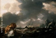 A Dutch Merchant Ship Running Between Rocks in Rough Weather