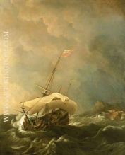 An English Ship in a Gale Trying to Claw off a Lee Shore, oil on canvas painting