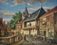 Dutch Street With Figures By An Inn By A Bridge